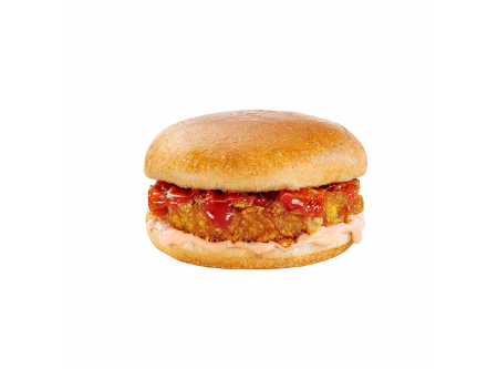 Crispy Chicken Burger, Burger aus Hühnerbrust, paniert mit einer knusprigen Maispanade, mit Burger Dressing und Salsa im Brioche Bun, mit Zuckern und Süßungsmittel